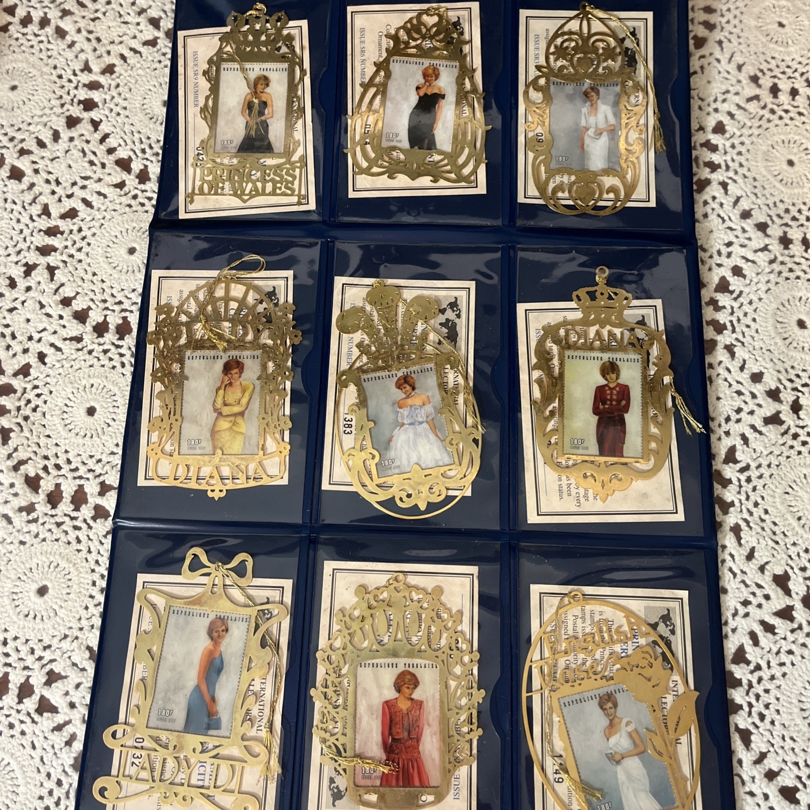 RARE 9pc Princess Lady Diana Postal Stamp Christmas Ornament Set Coa’s