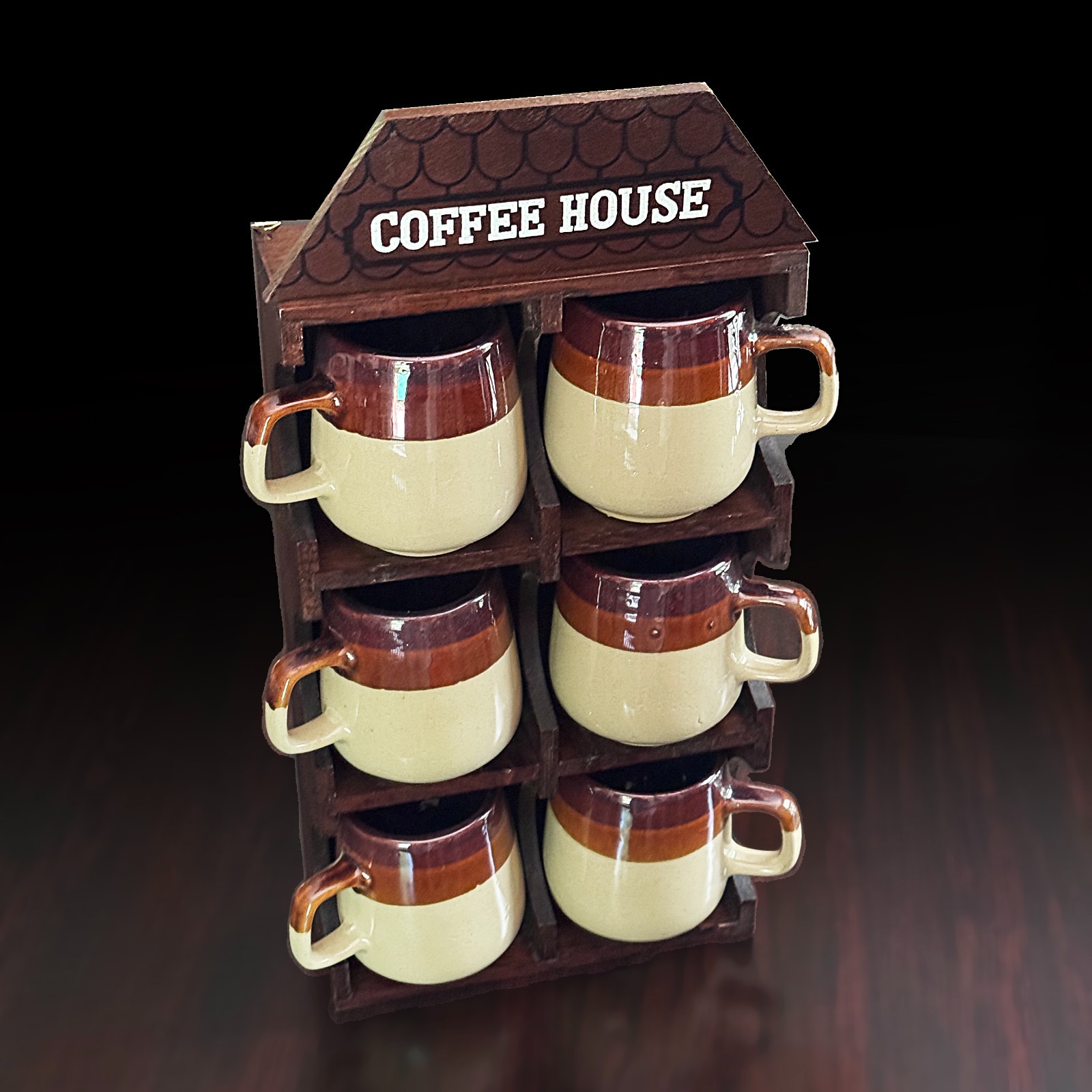 Vintage Brittany Vintage Wooden Coffee House w/6 Stoneware Mugs in Box