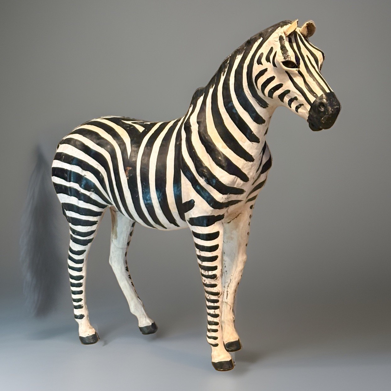 India Rare Vintage Leather Wrapped Zebra Figure Hand Painted