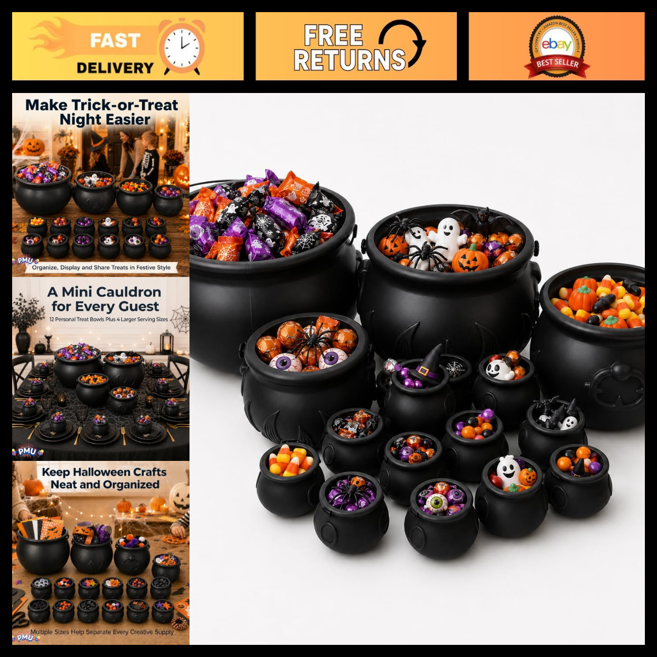 16 Pcs Black Witch Cauldron Bowls Set - Halloween Party Decor & Props