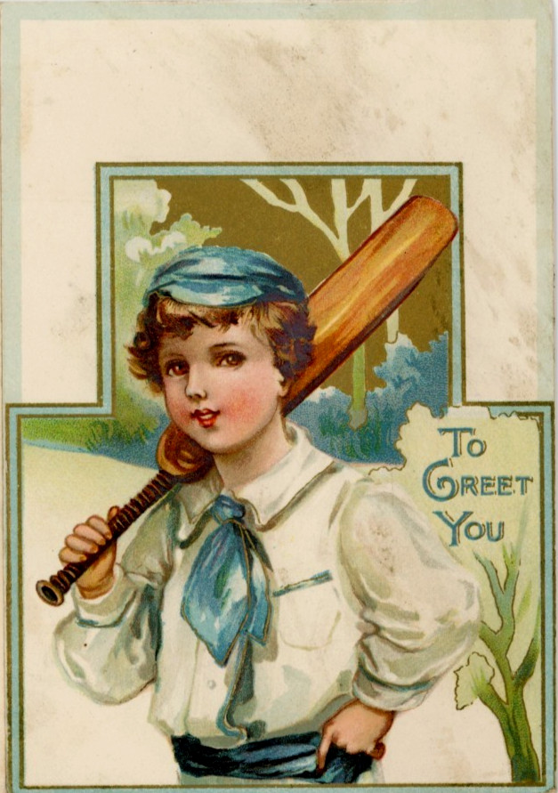 1880s-90s Raphael Tuck New Year\'s Card Boy Cricket Ball Player F172