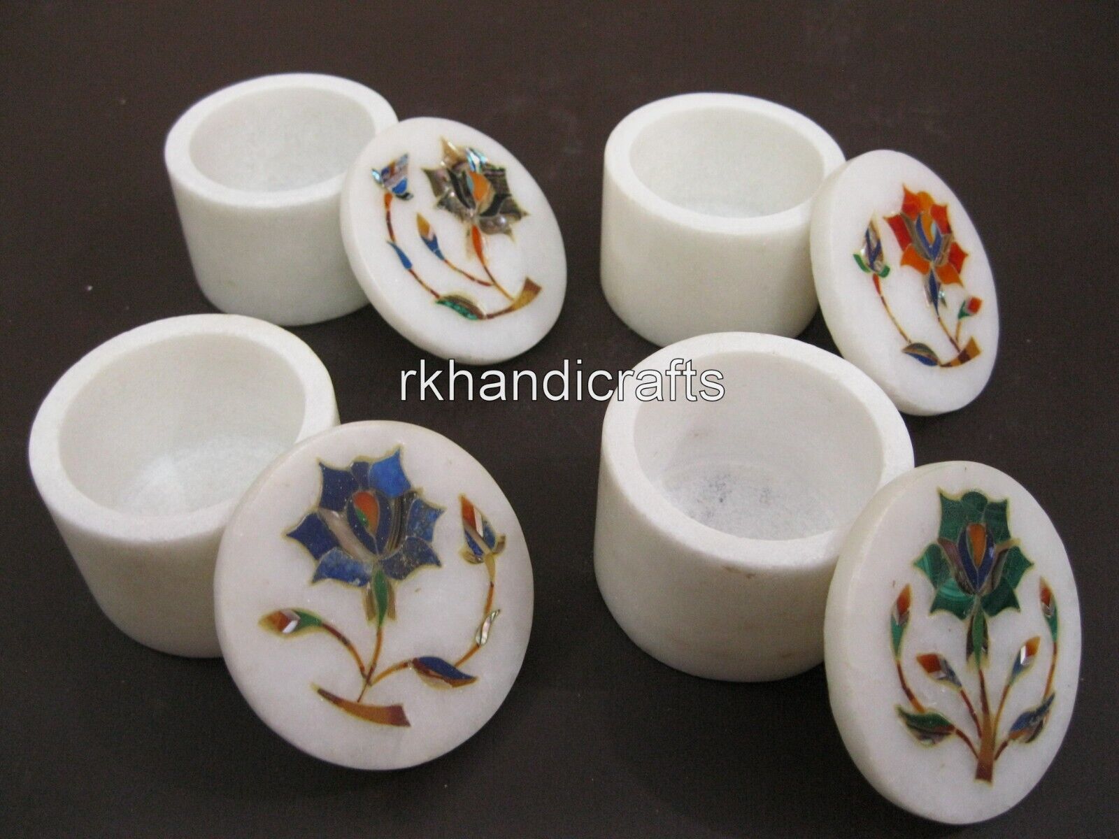 2.5 Inches Marble Accessories Box Semi Precious Stone Inlay Work Set of 4 Pieces