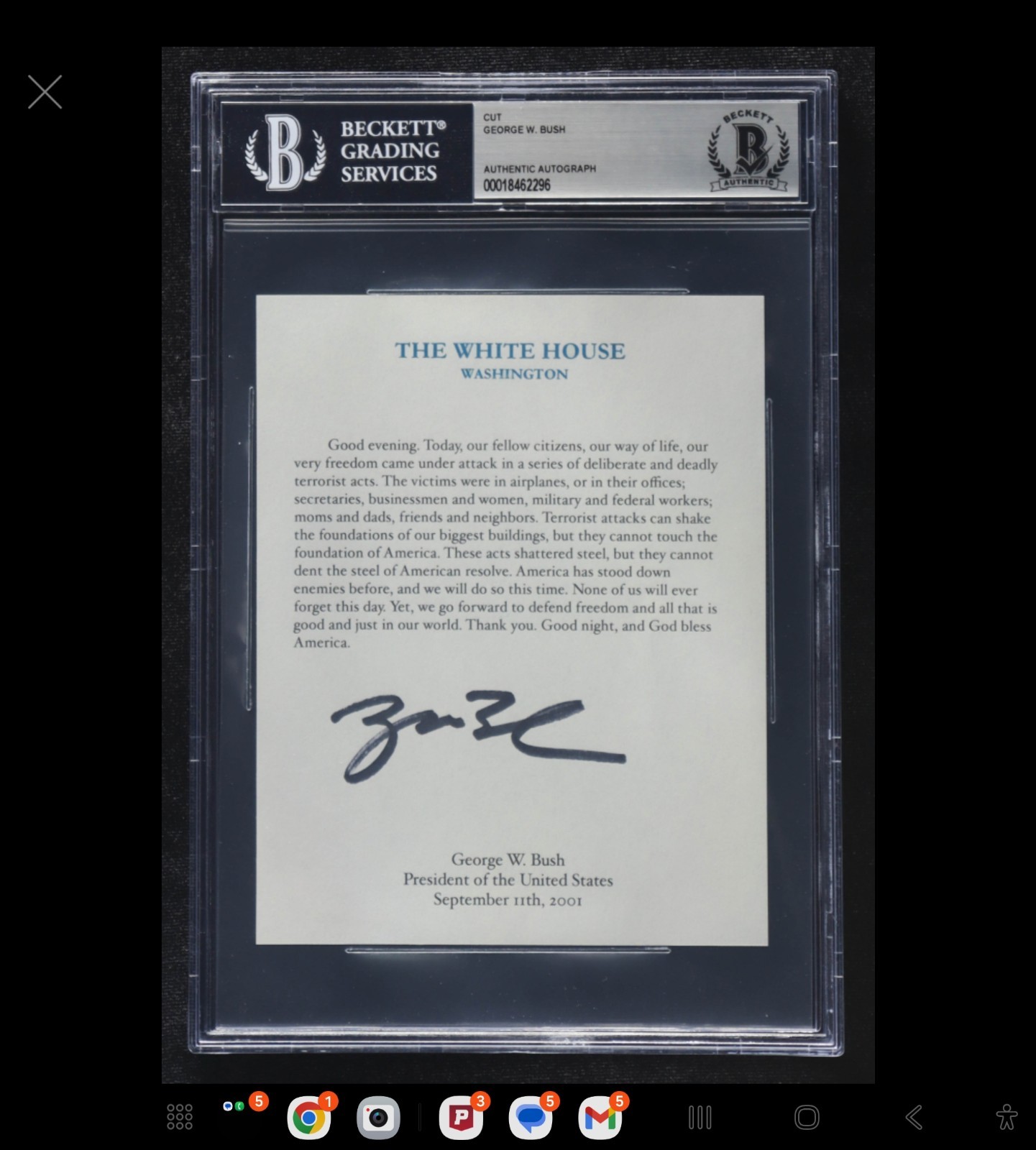 GEORGE W BUSH Authentic Signed 9/11 Message to the Nation BECKETT CERTIFIED 