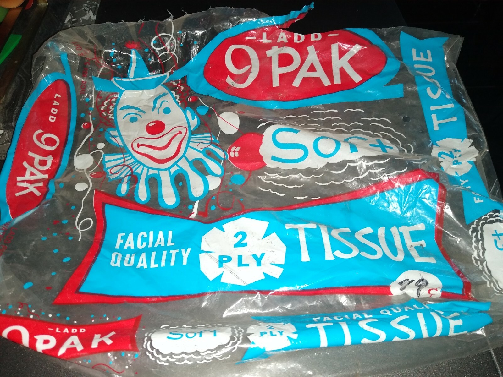 Vintage 1950\'s Ladd Facial Tissue 9 Pak empty Plastic Packaging Circus Clown