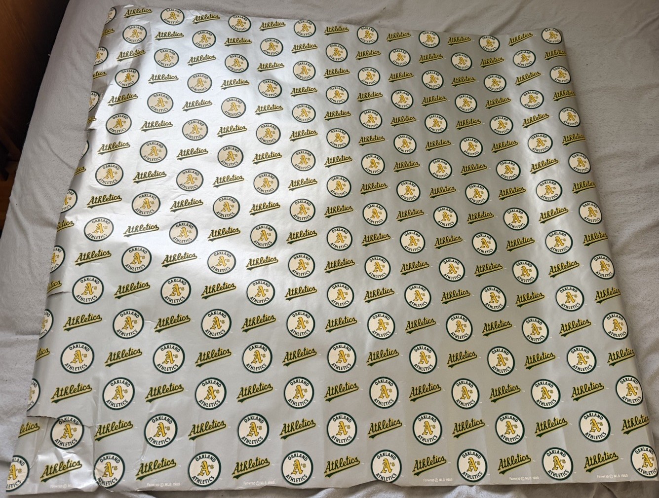 Vintage 1989 Christmas Wrapping Paper Gift Wrap Oakland Athletics Fanwrap 30x33”