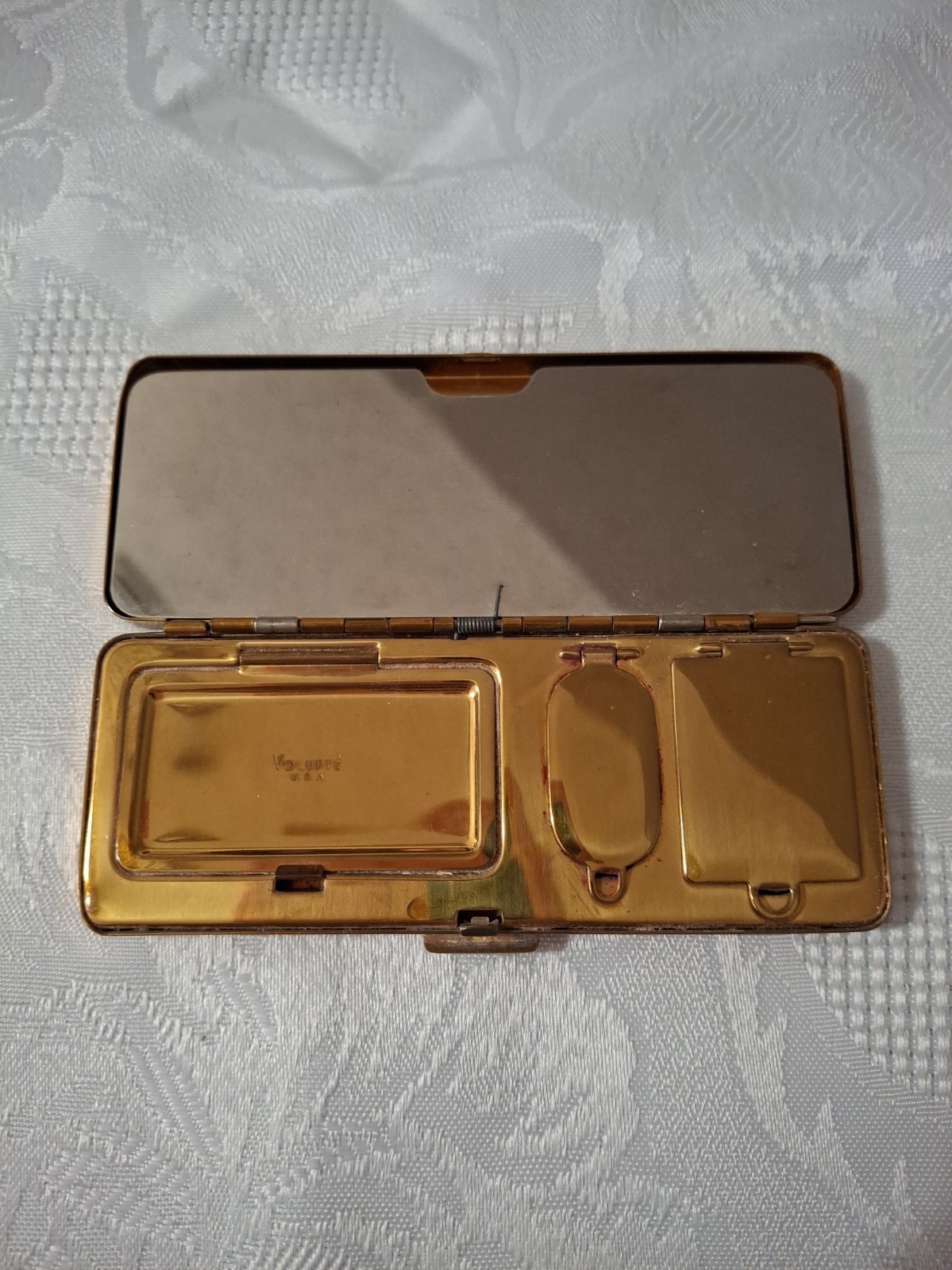 Vintage 1940s Volupte USA Gold Tone Vanity Compact Mirror Comb Makeup Case