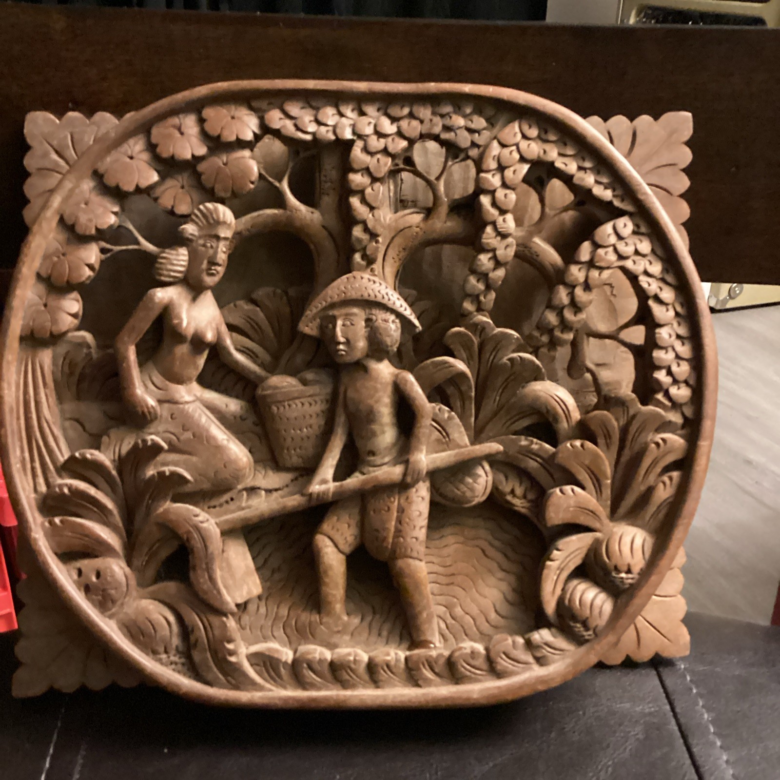 Vintage Handcrafted Wooden Wall Art Balinese Scene 3D Art Panel Wood 9