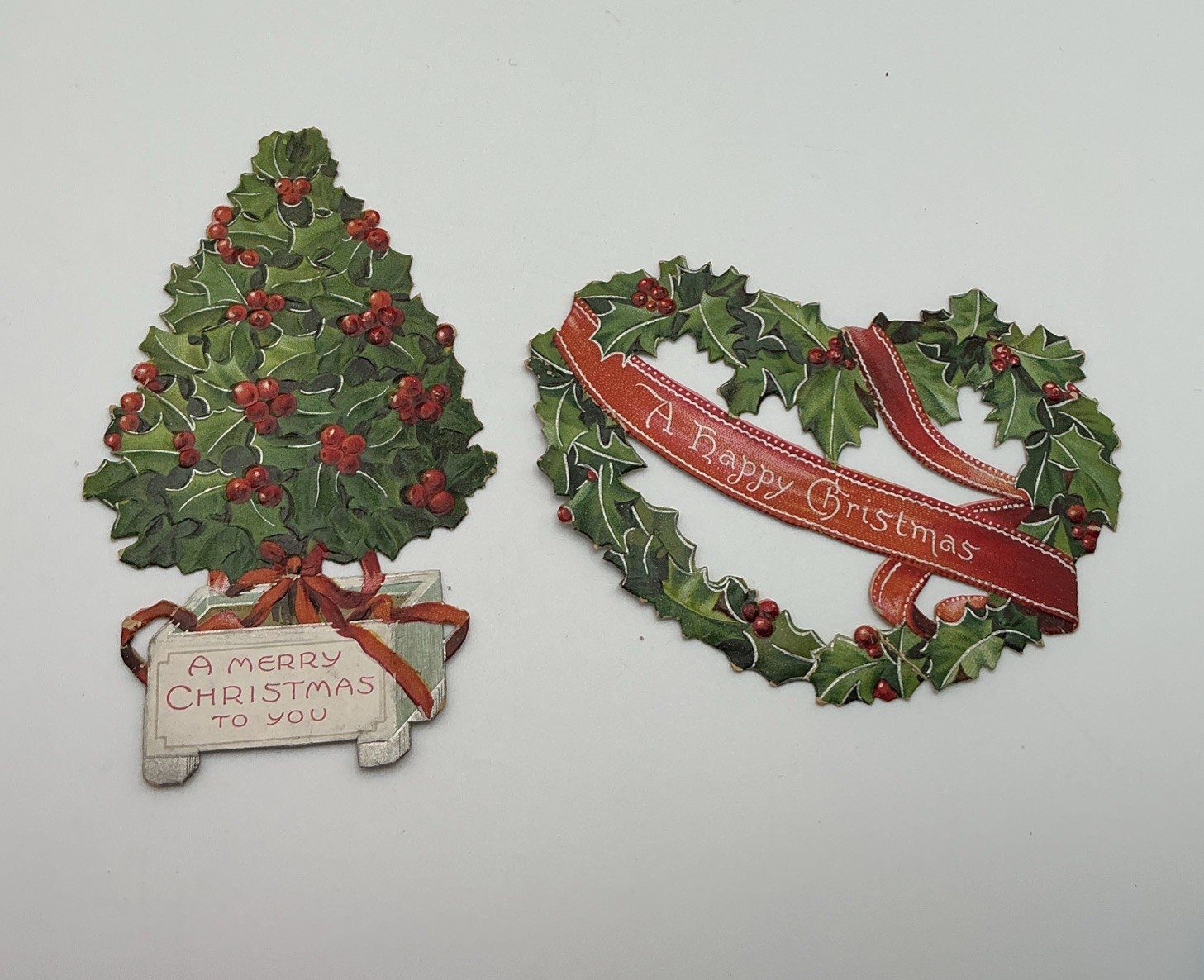Antique Raphael Tuck Sons Christmas Die Cut Scrap Wreath Tree Saxony Lot of 2