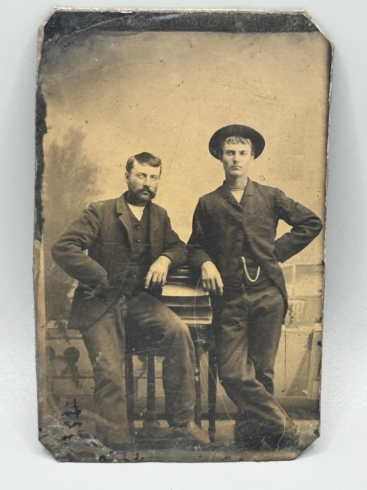 Antique Tintype Handsome Fashionable Men Bowler Hat Pocket Watch