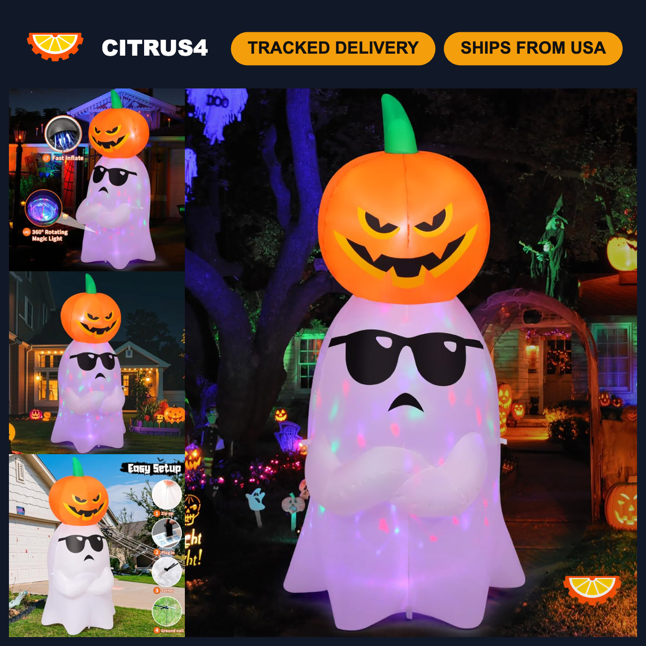 6.2 FT Halloween Inflatable Ghost & Pumpkin Yard Decor with LED Lights - Outdoor