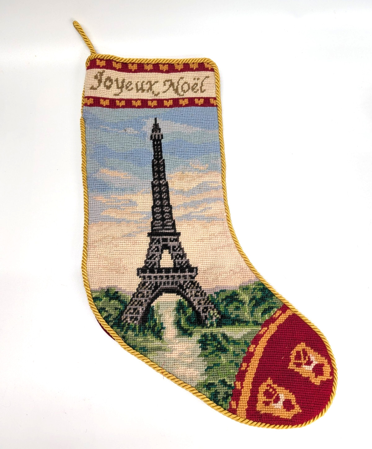 VTG Connie Pentek Needlepoint Christmas Stocking Eiffel Tower Paris Wool 18\