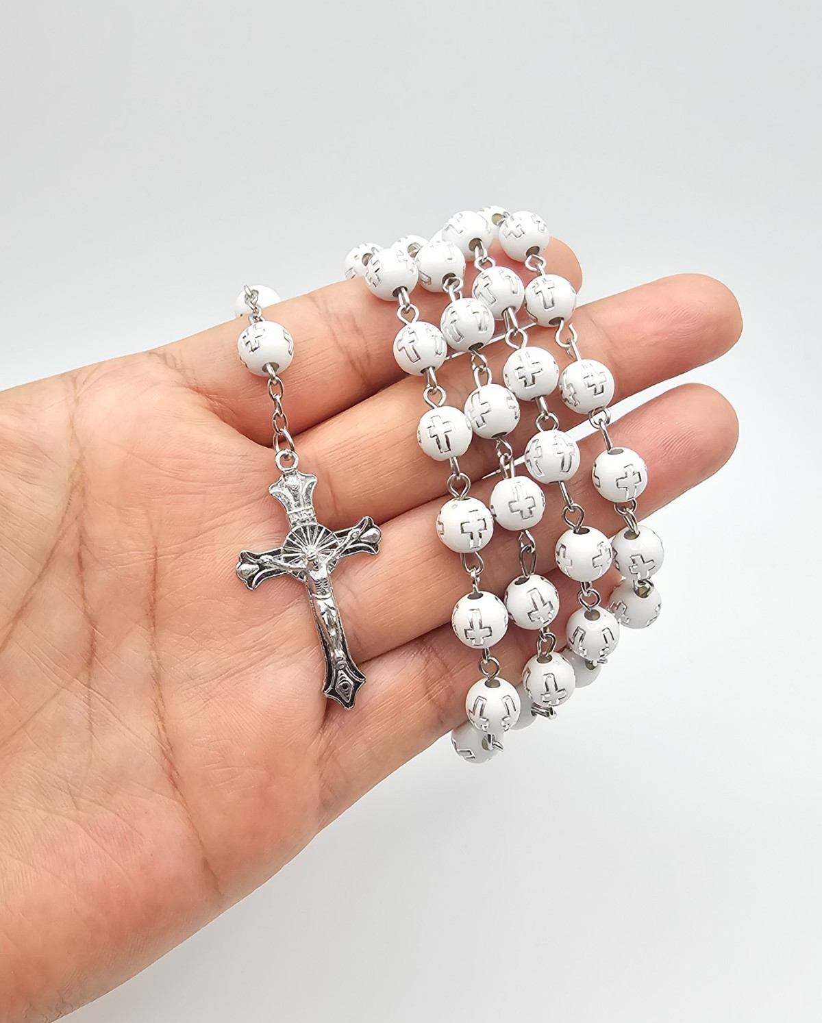 Rosary Blanco  / Rosario White con crucifijo proteccion guardia