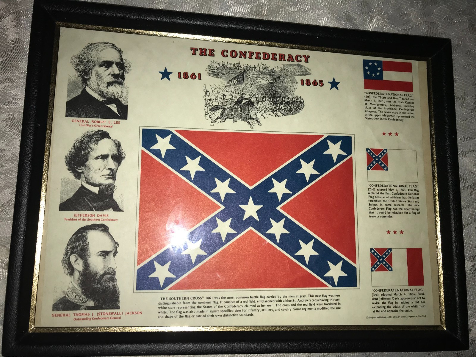 RARE Vintage MEL KLINE Art Service FRAMED The CONFEDERACY Info FLAGS Leaders 12\