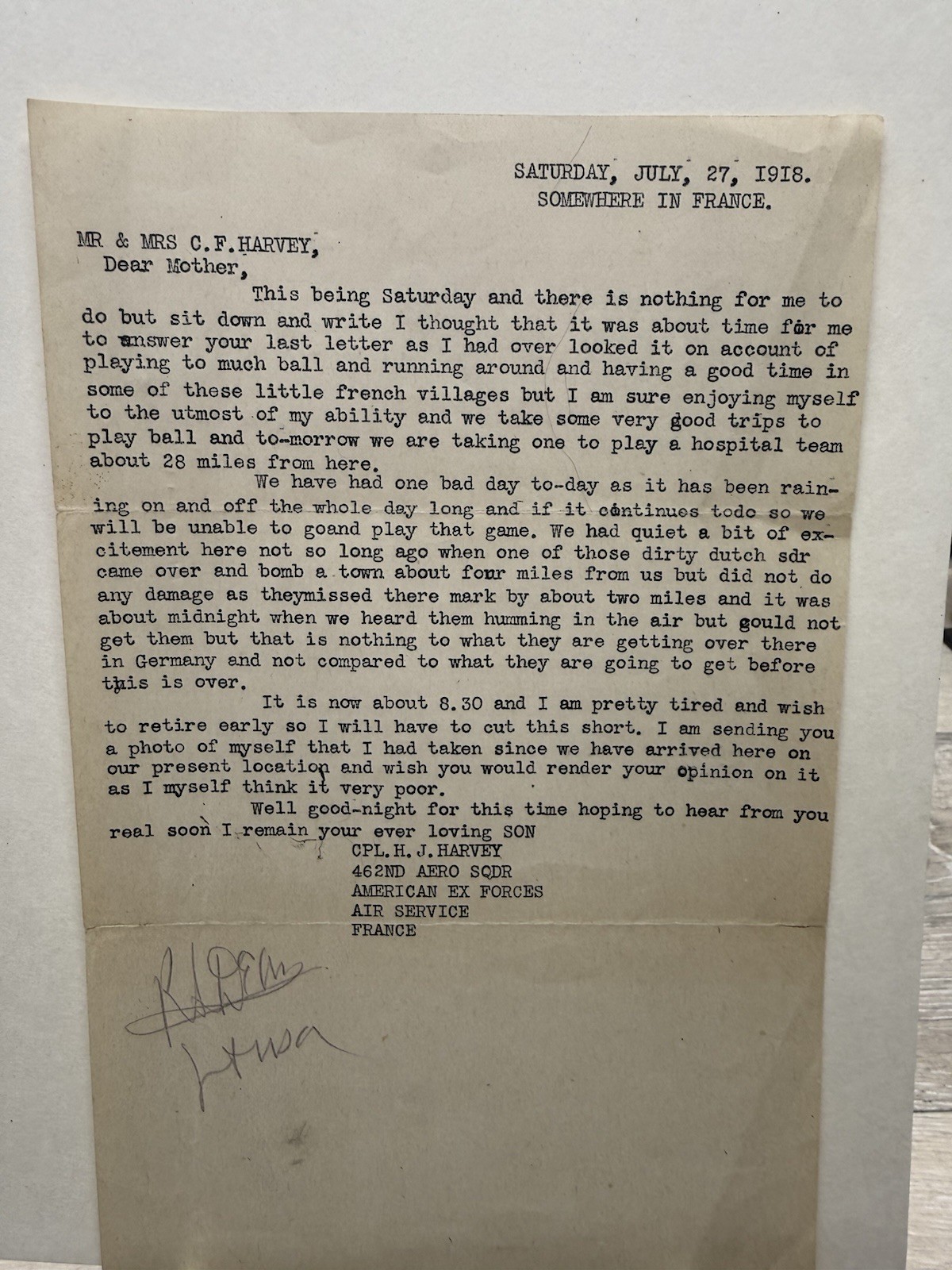 WWI 1918 American Expeditionary Forces (AEF) Soldier Letter - 462nd Aero Sqdr