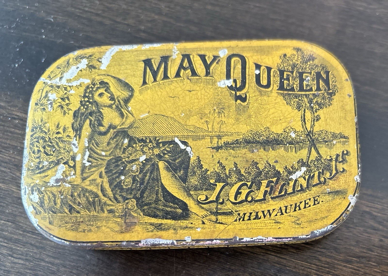 Vintage 1890\'s Tobacco Advertising May Queen Flat Pocket Tin Empty