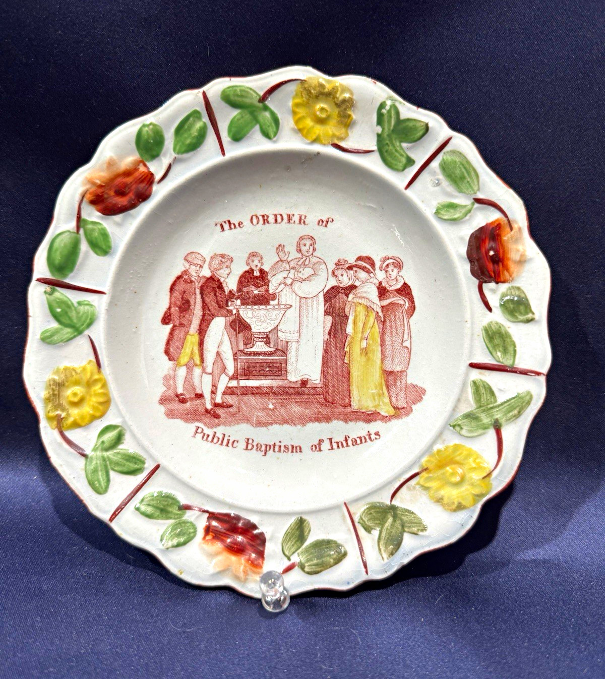 Antique 19C Staffordshire Polychrome Transferware Child's Plate Baptism Infants