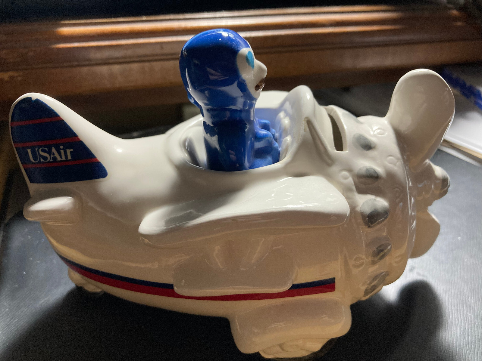 Vintage USAir Promo Ceramic Airplane Coin Bank Bi-Plane with Pilot NEW