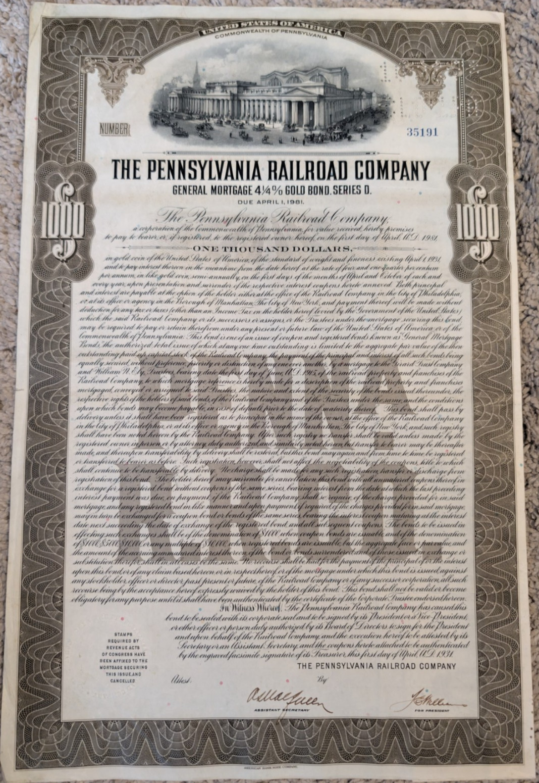 Vintage 1931 Pennsylvania Railroad Co. 4 1/4% $1000 Bond Certificate, Brown