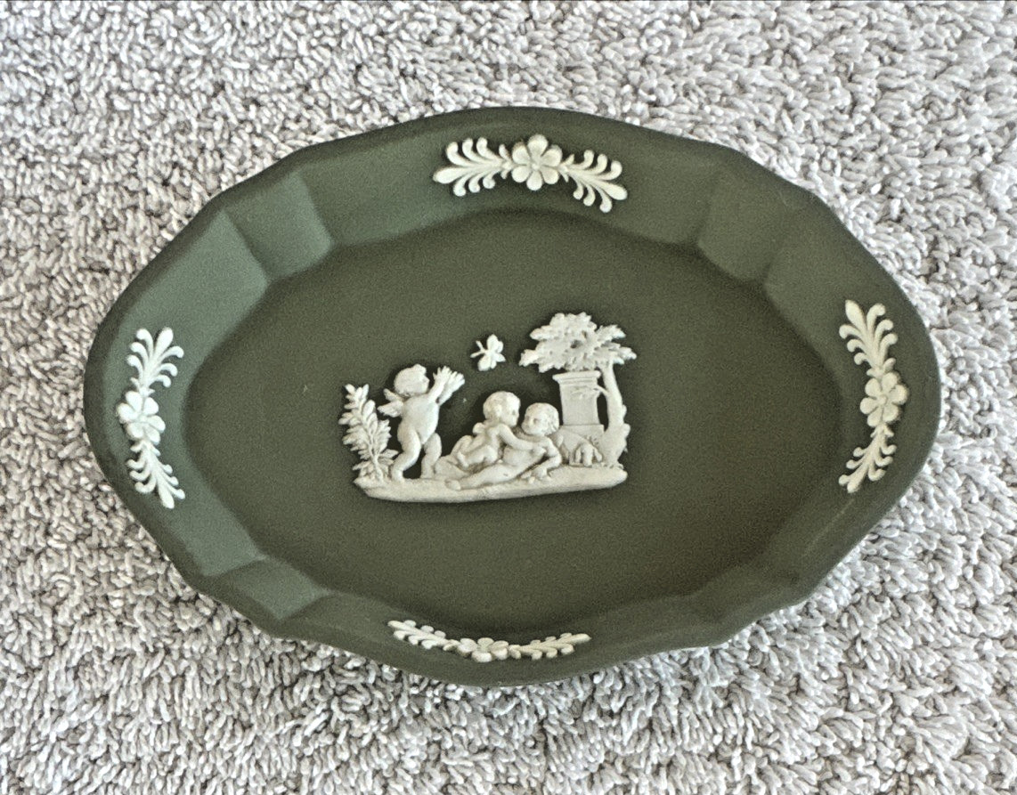 Vintage Wedgwood Jasperware Oval Dish Tray Green Sage Small Scalloped Trinket