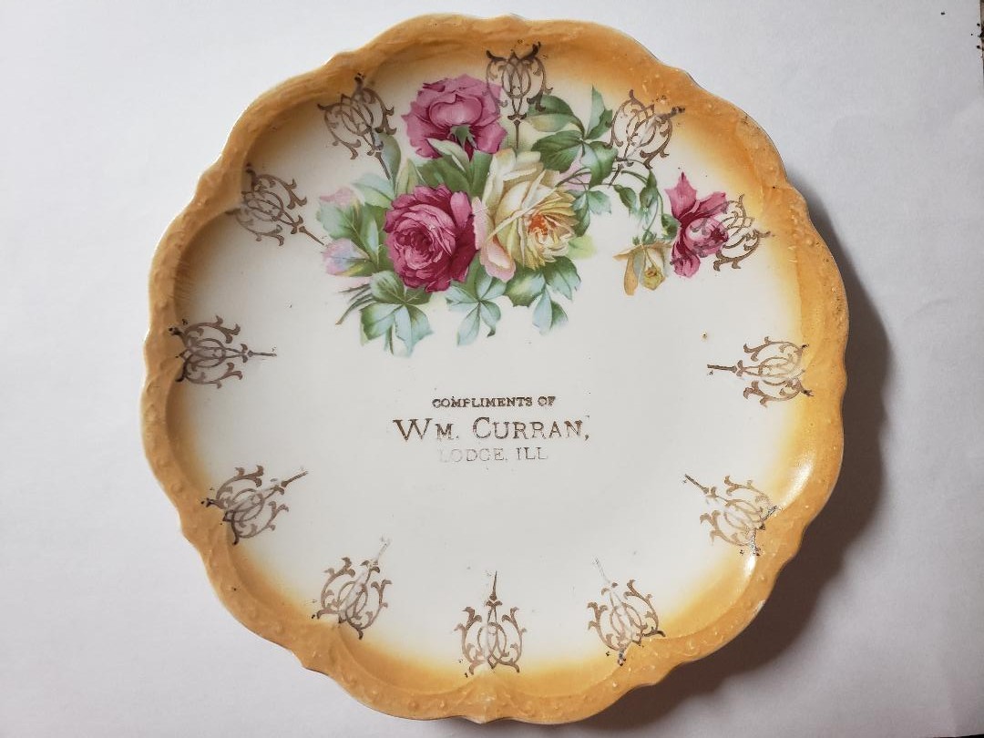 Antique 1900s Floral Plate General Store WM CURRAN Piatt County, Lodge Illinois