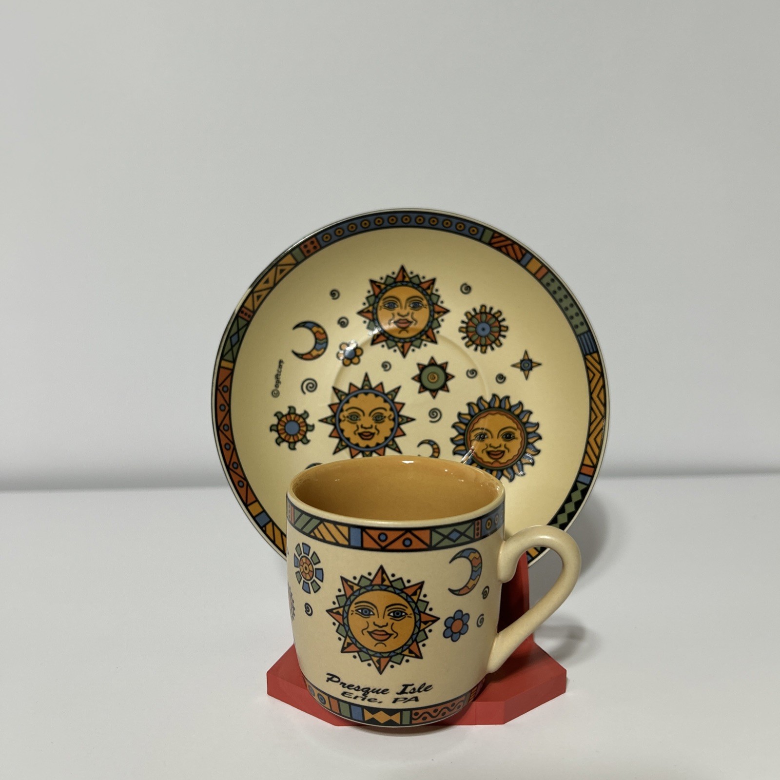 Vintage 1990s Celestial Sun Moon Cup & Saucer Set Presque Isle Erie PA NOS