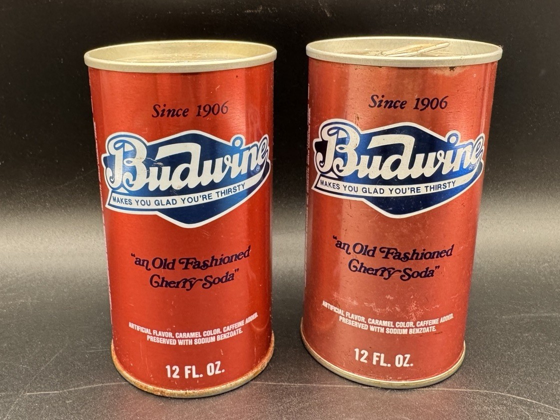 PAIR Vintage Budwine Soft Drink Athens Ga Charlotte NC 12 oz Soda Cans