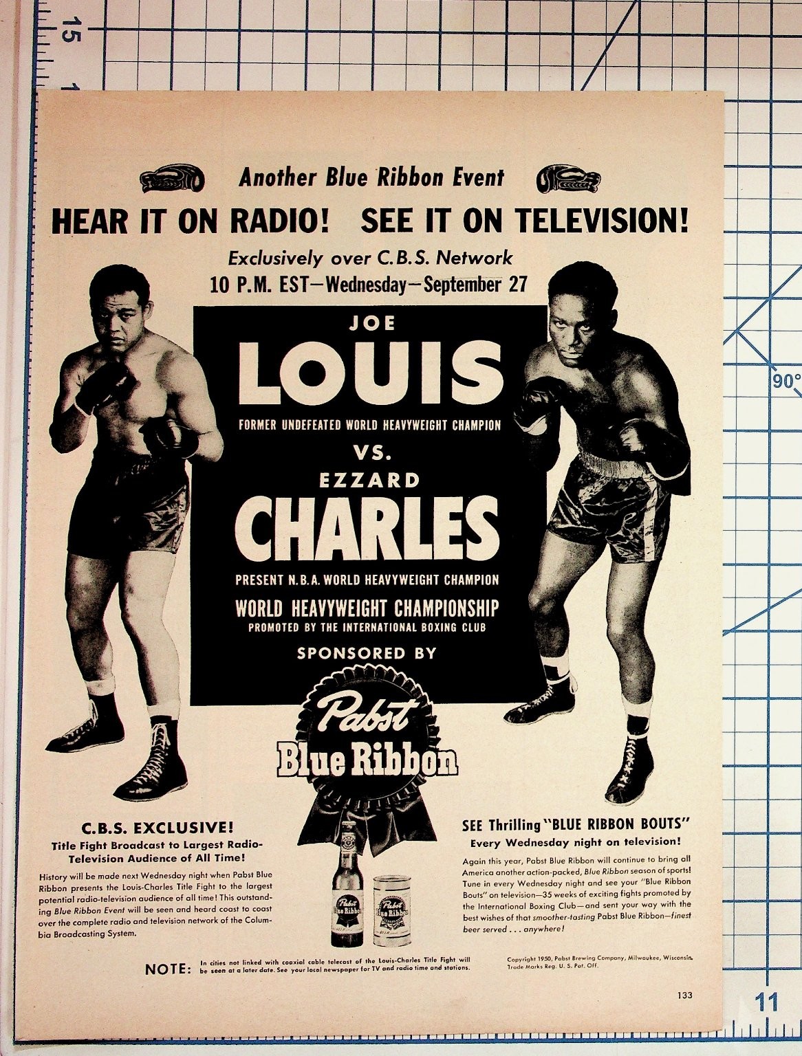 1950 Joe Louis Ezzard Charles Boxing Fight Ad CBS TV Radio Pabst Blue Ribbon