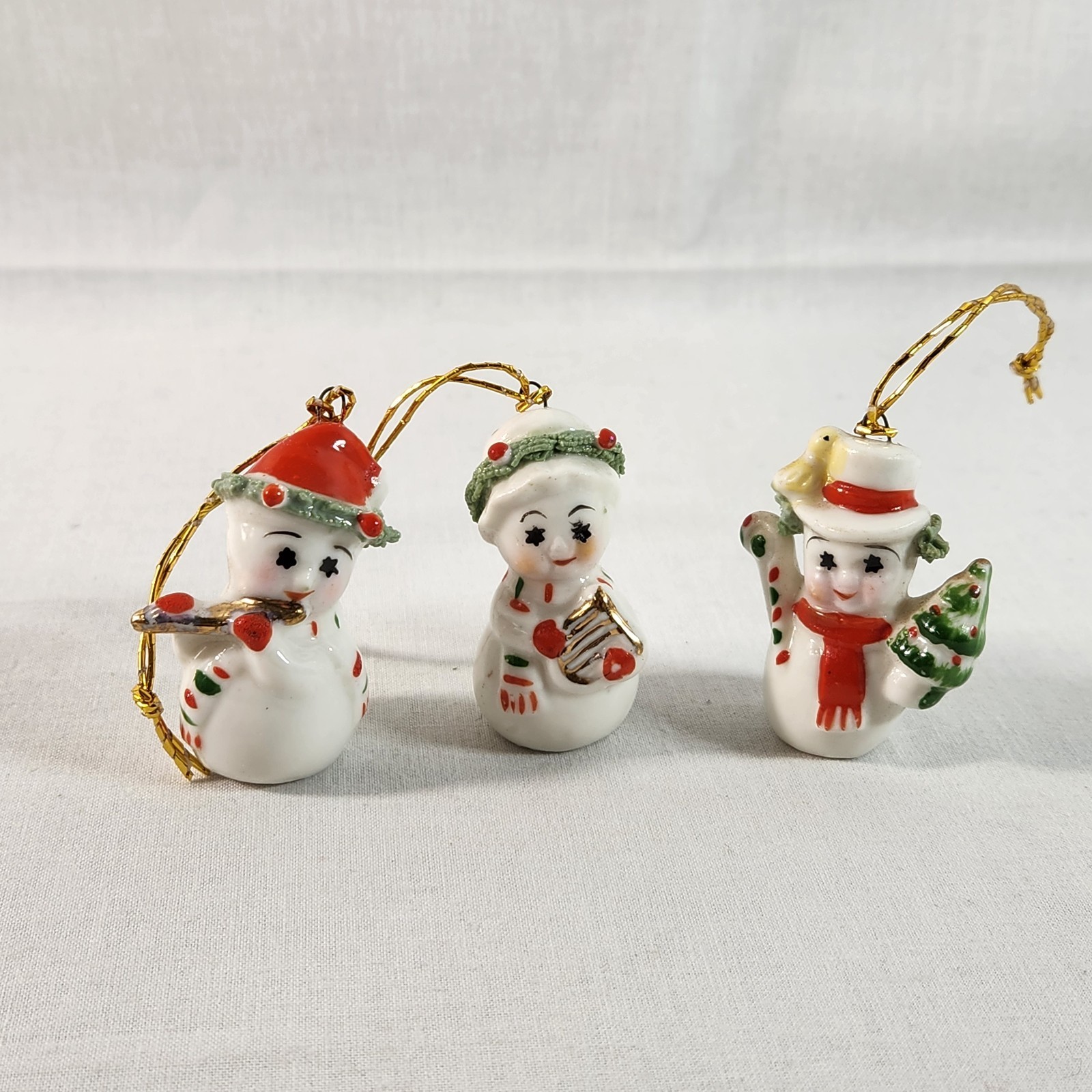 VTG Napco Spaghetti trim Snowmen 3 Pc Frosty Tree Harp Flute Ornament Figures