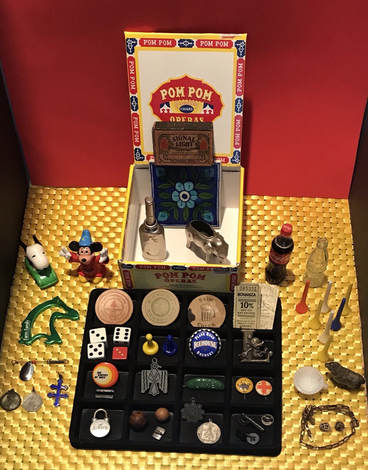 VTG Junk Drawer Smalls Lot: Tokens/Dice/Pins/Tees/Coke/Snoopy/Pendants  45+ 