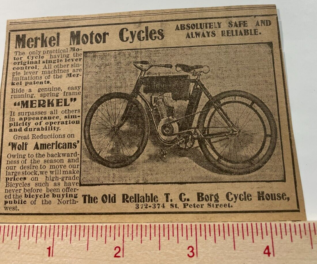 1903 MERKEL MOTOR CYCLES NEWSPAPER CLIP-AD ST PAUL MN-TAPE TO BACK-RARE