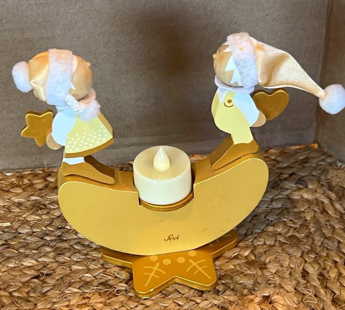 Vintage Sevi Italy Wooden Christmas Rocker Candle Holder Figurine Angels Pixies