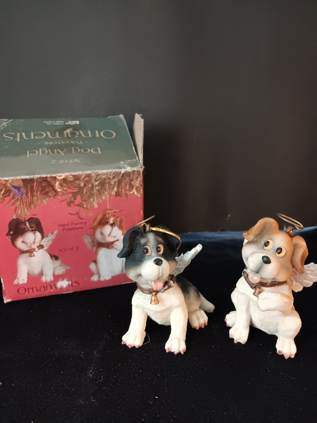 Vintage hand-painted polystone puppy angels 2 pack ornaments