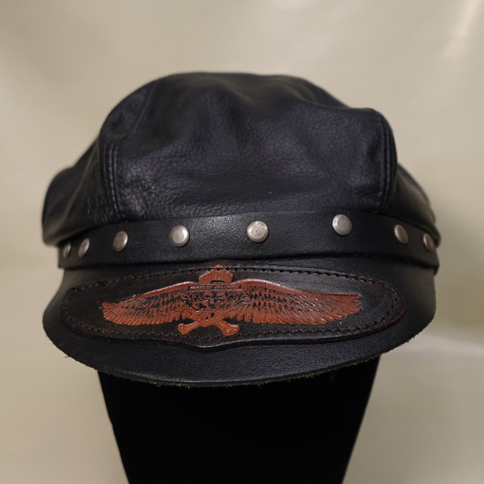 Vintage Harley Davidson Leather Captain Hat Biker Cap Made In USA Black