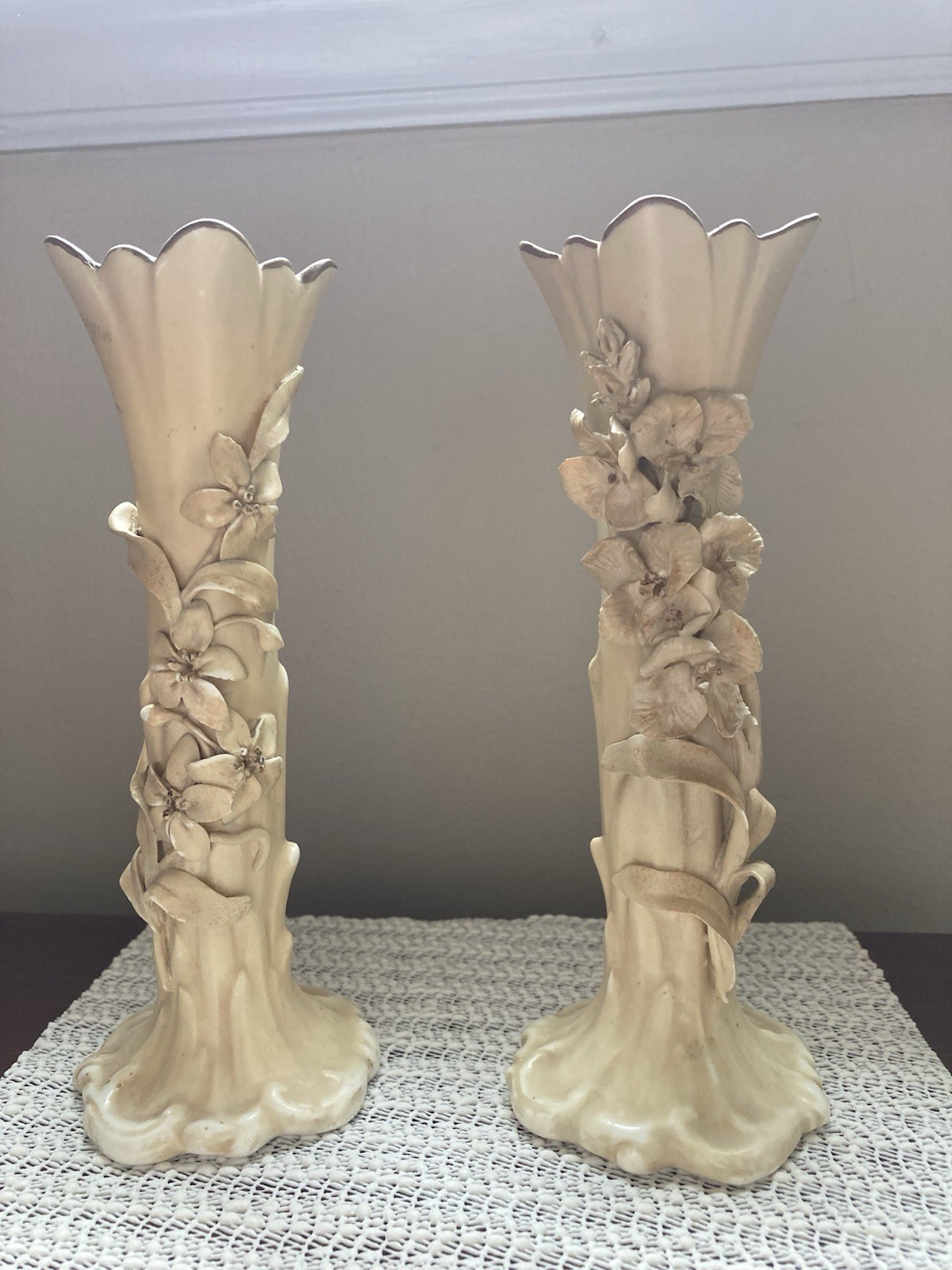 Two similar Doulton Burslem 7-inch Antique Bud Vases As Is