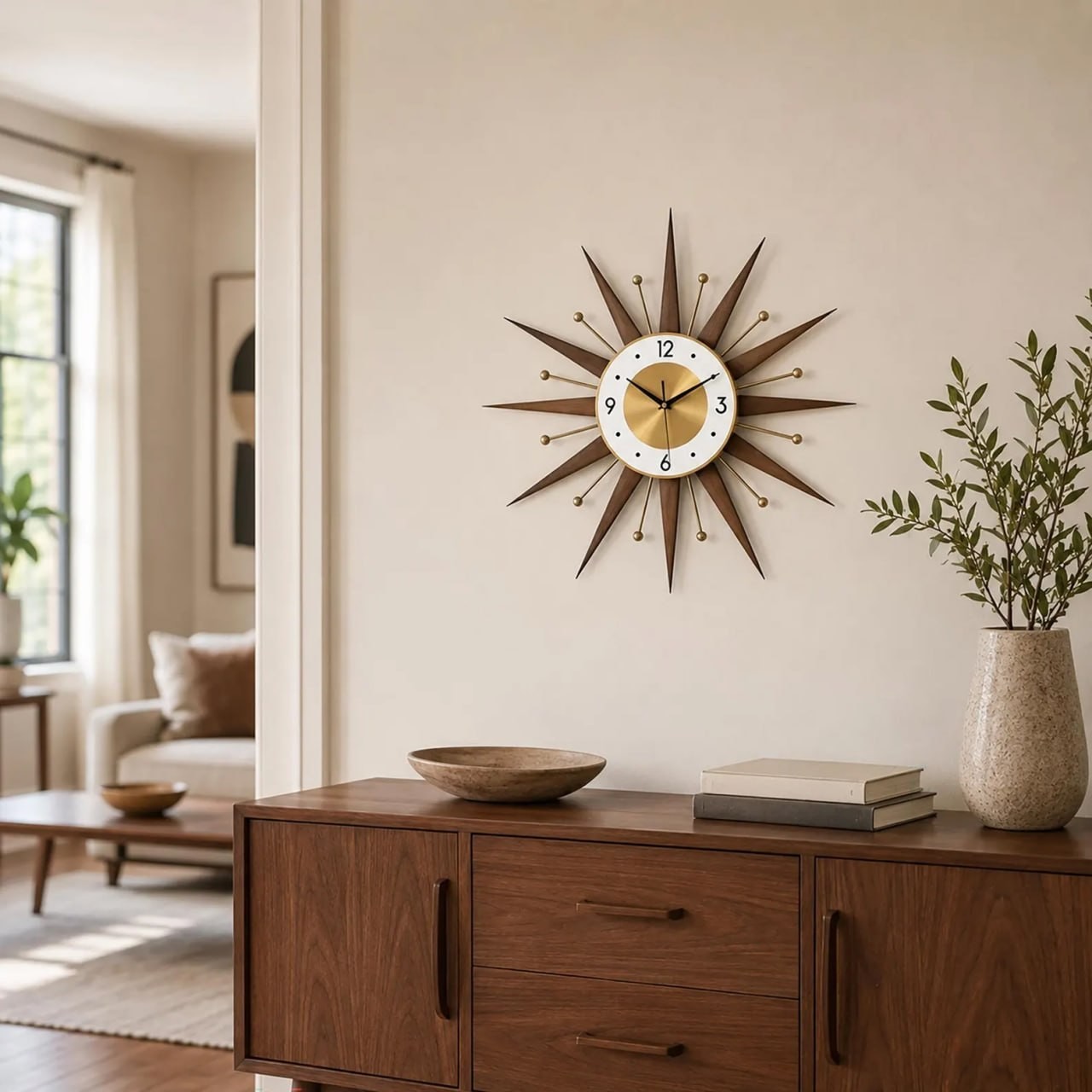Mid Century Sunburst Wall Clock in Walnut Finish with Retro Atomic Decor