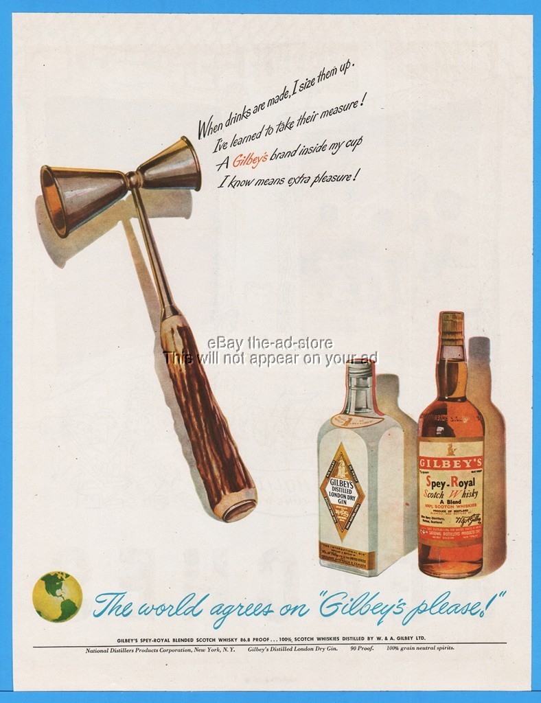 1948 Gilbey\'s Spey Royal Scotch Whisky Dry Gin Two Sided Shot Measure Ad
