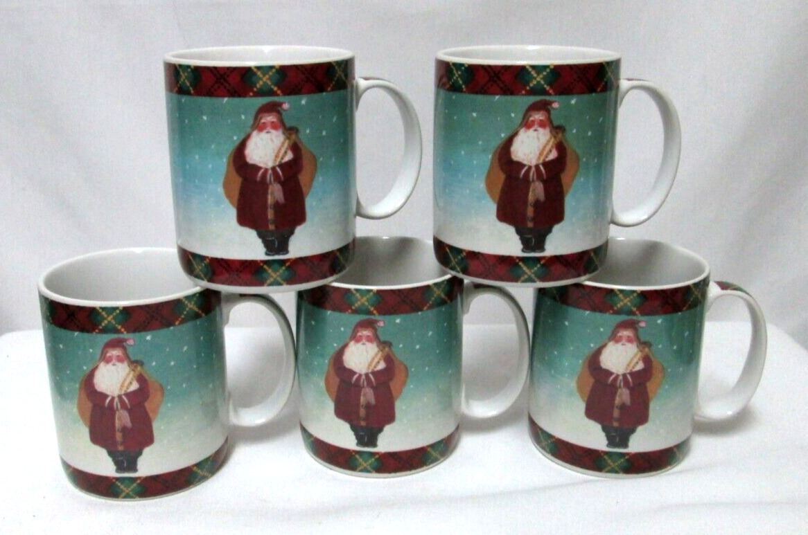 Block Vintage Father Christmas Santa 1995 Mug Cup Set 5 Holidays Plaid Tartan