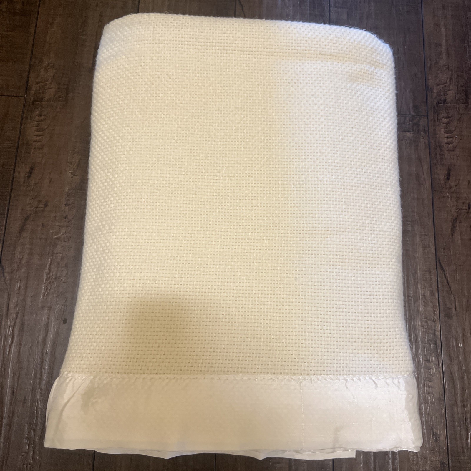 VTG Ralph Lauren- Waffle Weave Acrylic Blanket- Satin Trim- 66 x 90- Ivory- USA