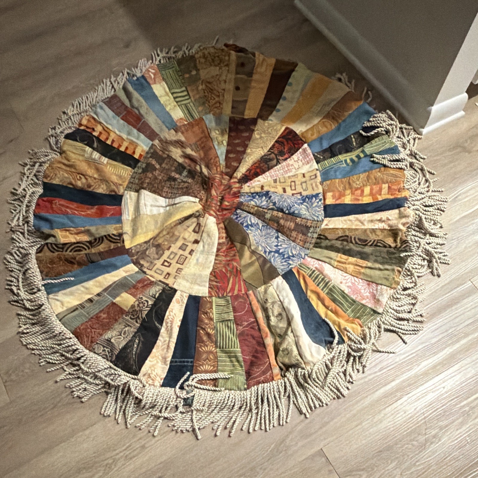 Handmade 58 inch round patchwork floor pillow covers with 6 inch fringe