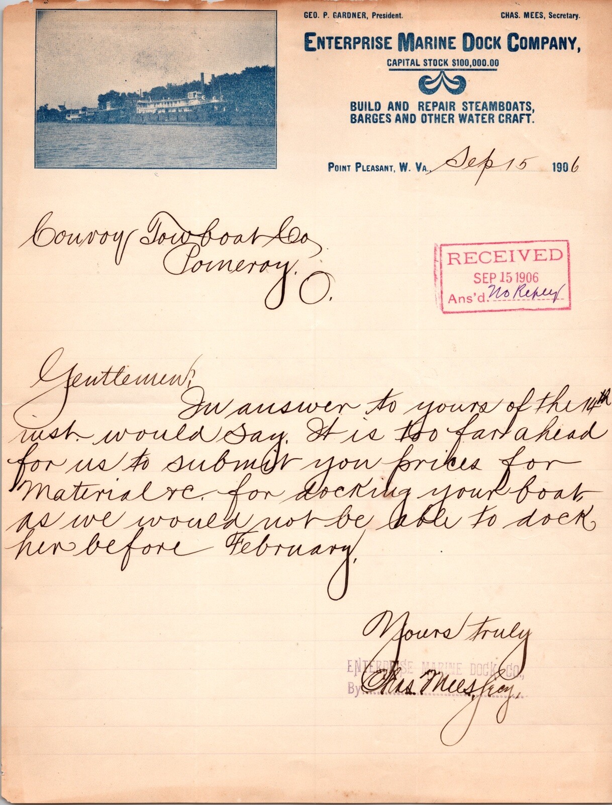 1906 Vintage Letterhead Enterprise Marine Dock Co. Point Pleasant WVA Pomeroy OH