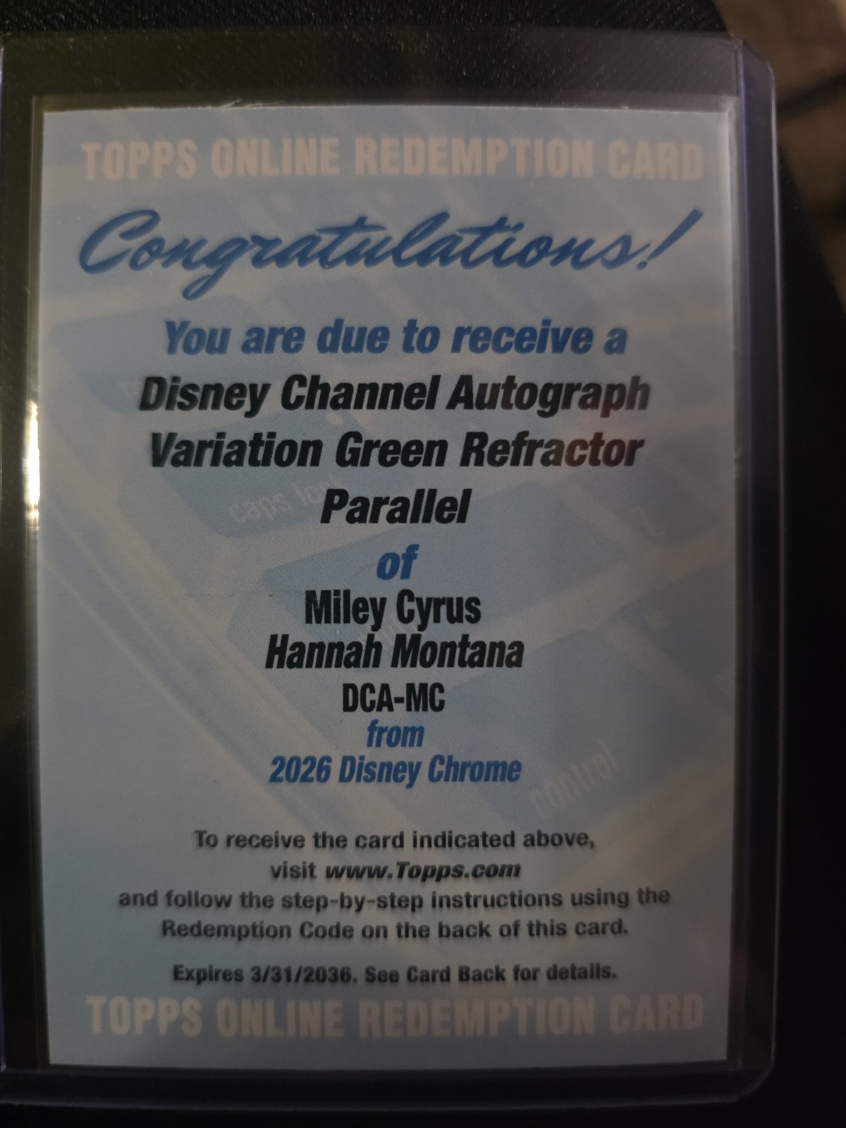 Topps 2026 Disney Chrome Miley Cyrus Auto Green Refractor Parallel Redemption Topps 2026 Disney Chrome Miley Cyrus Auto Green Refractor Parallel Redemption
