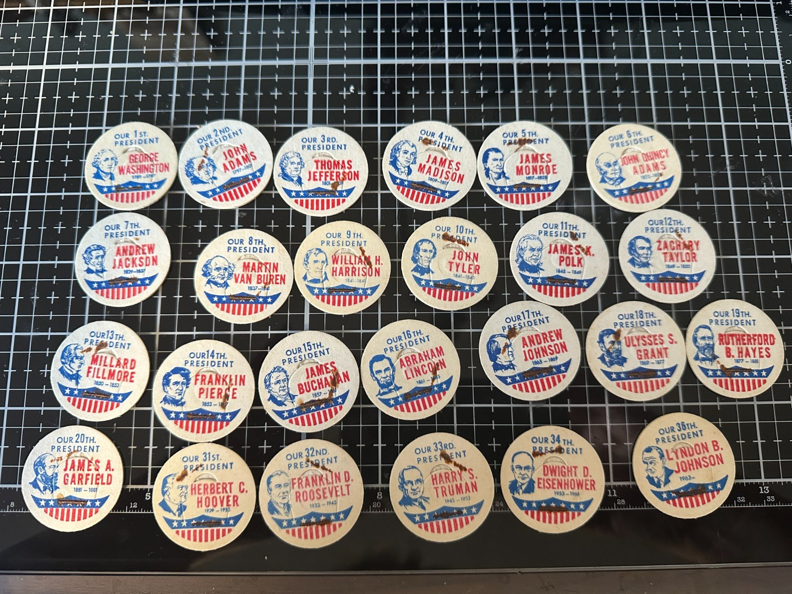 Vintage 1960s US Presidents Milk Bottle Caps Lot 25 Different 1-20 31-34 36