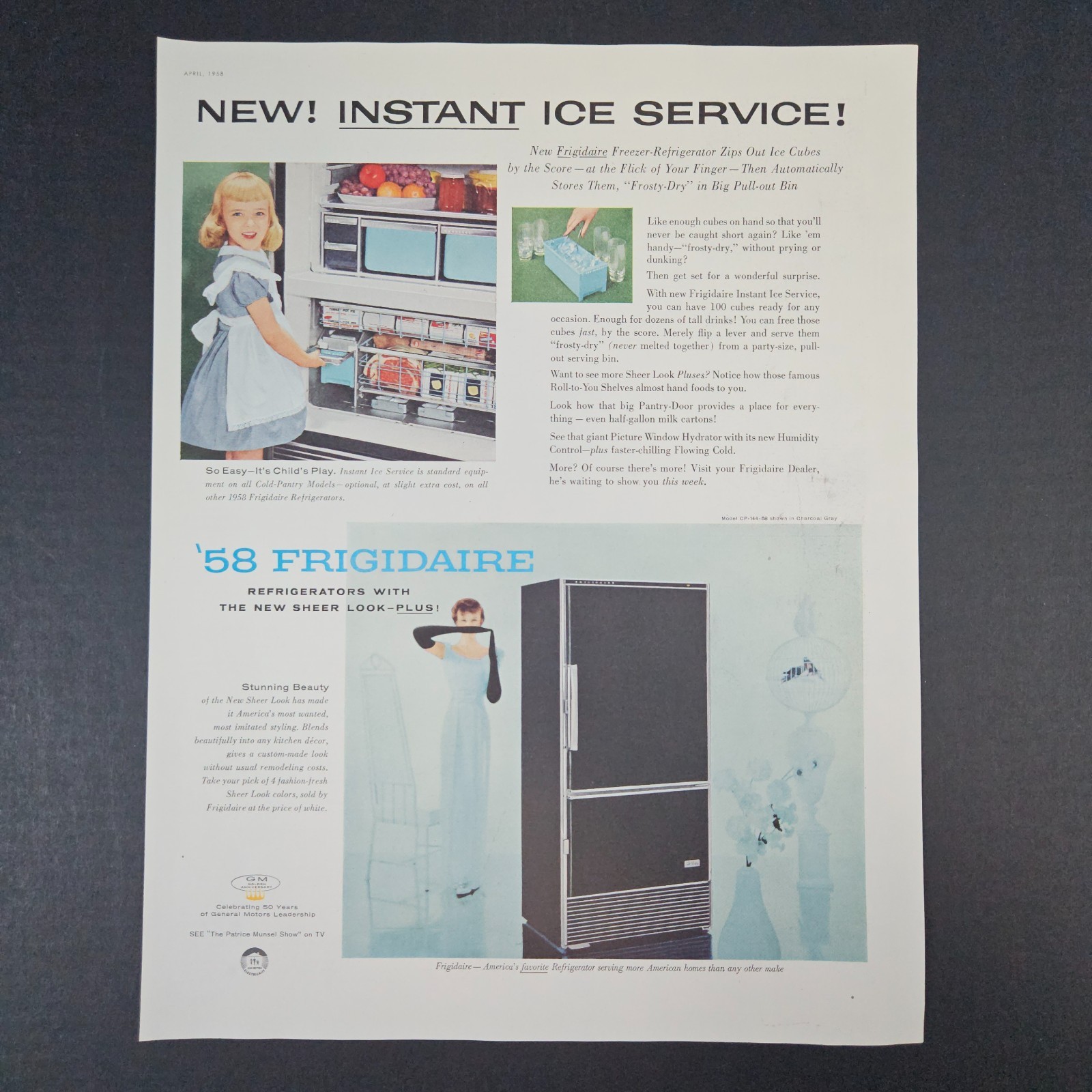 1958 Frigidaire Refrigerator Freezer Vintage Print Ad CP-144-58 Charcoal Gray