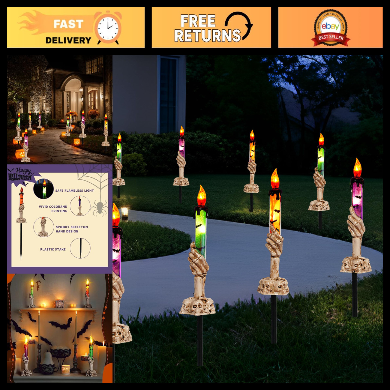 10 Pack Lighted Skeleton Hands - Battery Operated Halloween Pathway Decor, Indoo