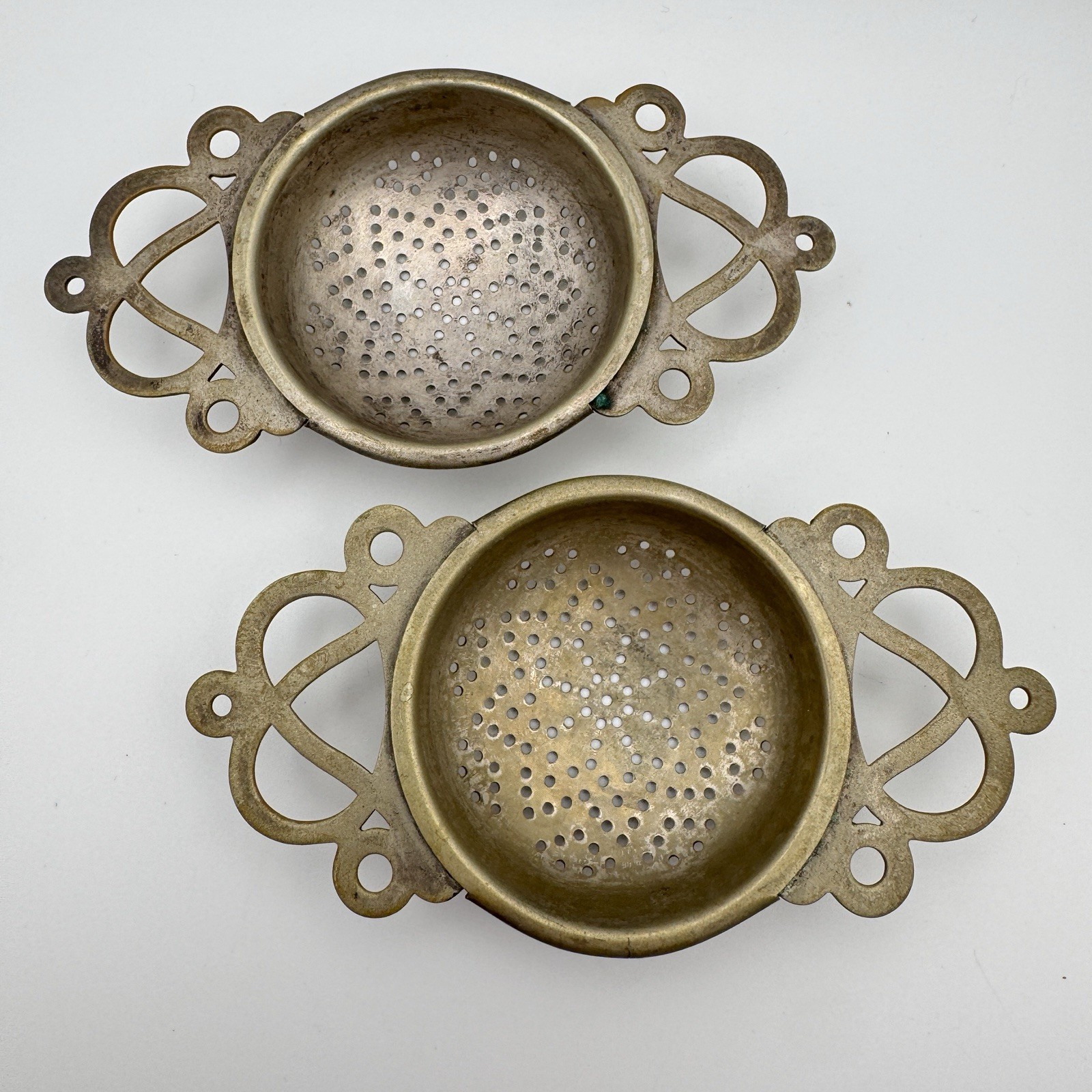 2 Antique EPNS Tea Strainer Silverplate ISG Pierced c 1900 Tea Bag Rests
