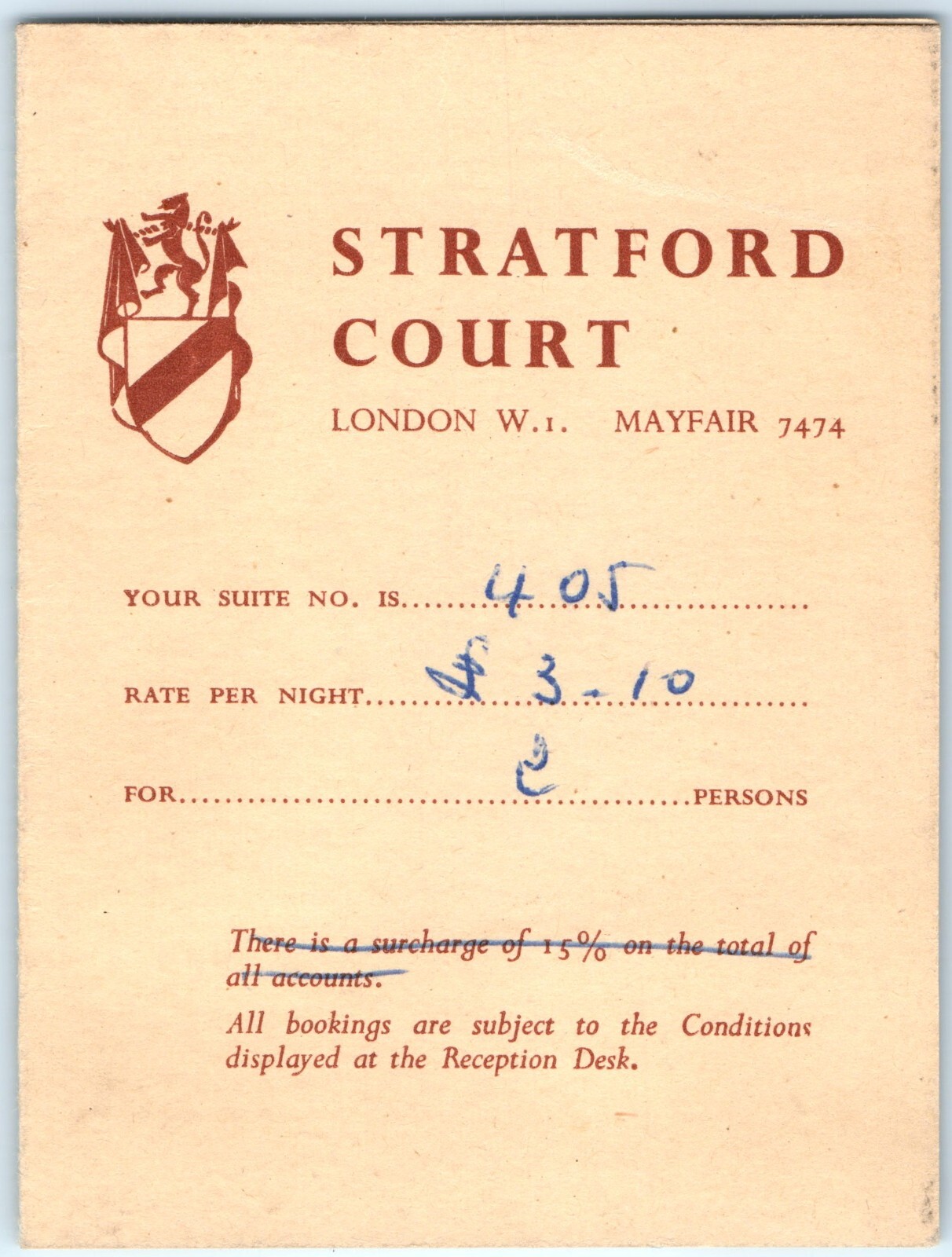 Vtg c1930s London Stratford Court Hotel Guest Card Services Mayfair England