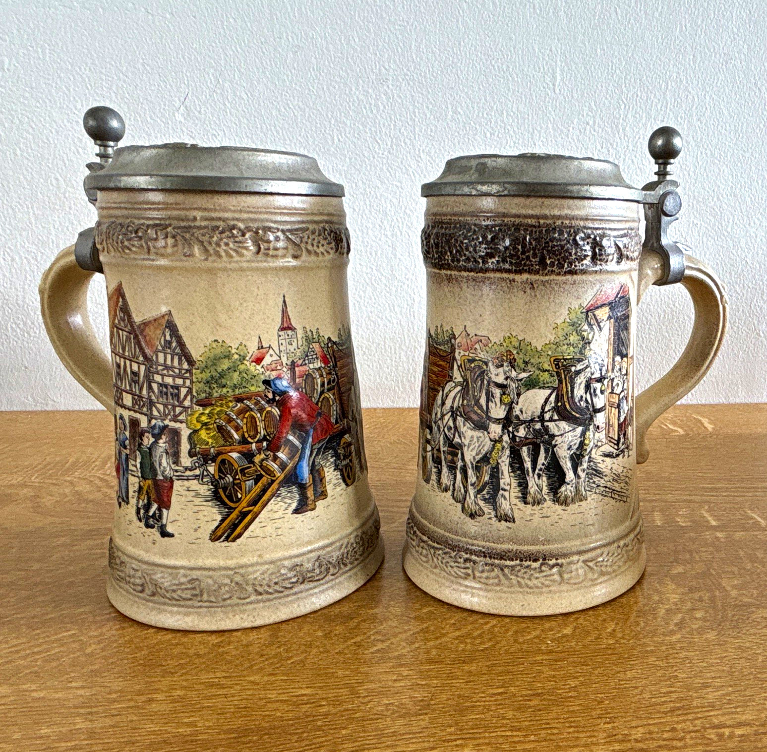 2 x Vintage West Germany Beer Steins 94% Pewter Lids Traditional Village 60s 70s
