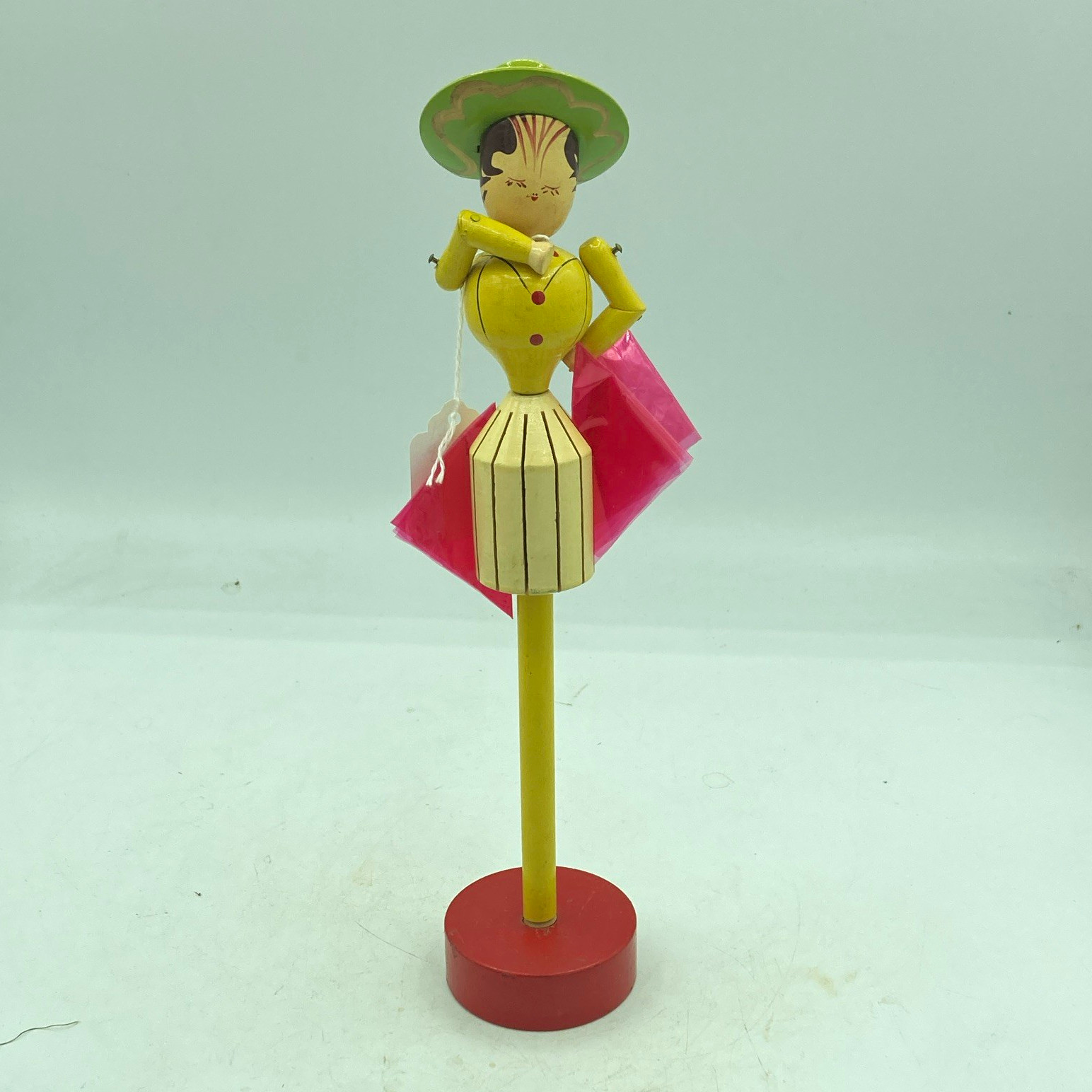 Vintage Hand-Painted Wooden Girl Figurine on Stand, Made in Japan, 11 in