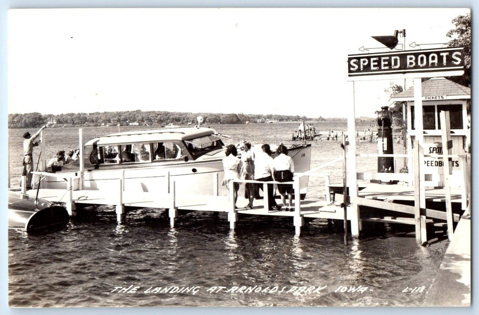 The Landing At Arnolds Park Iowa IA Speed Boats Gas Station RPPC Photo Postcard