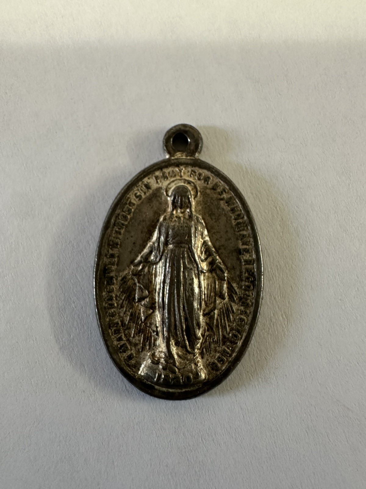 Vintage Sterling Silver 1830 Miraculous Mary Pendant Uncleaned / Unpolished